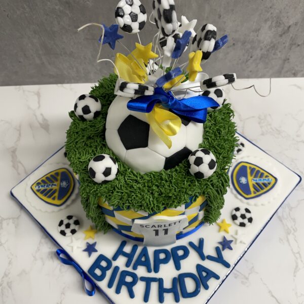 Leeds United Cake - Tall Birthday Football Pitch Flourish Cake